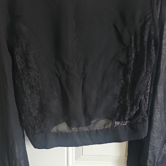 Black Lace-Yoke Long Sleeve Sheer Blouse - Picture 9 of 9